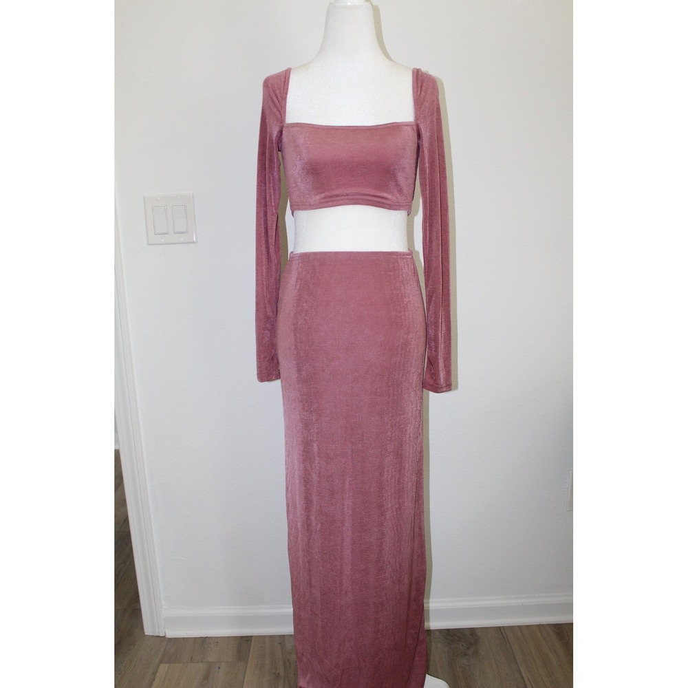 Pretty Garbage Women's Mauve Pink Shimmer 2 Piece Maxi Skirt Crop Top Set Small